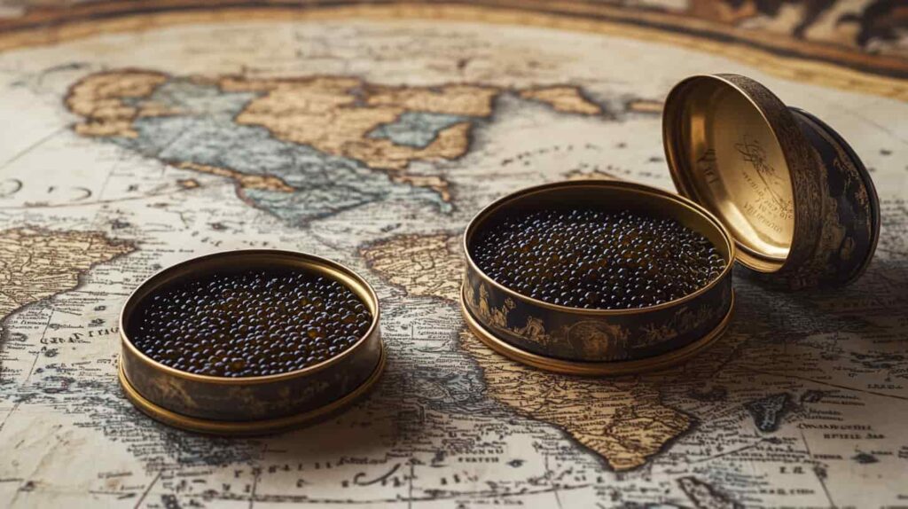 Caviar tins on a map