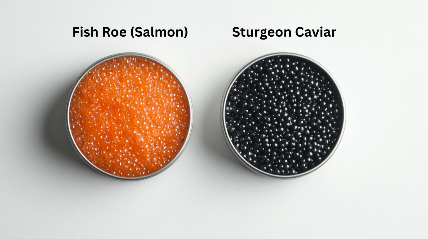 Fish Roe (Salmon) [Left] & Sturgeon Caviar [Right]. Side by Side. Showing the difference between caviar and fish roe