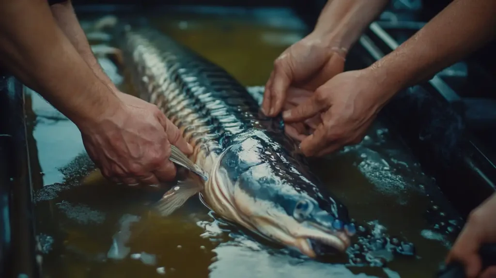 sturgeon fish being prepared for caviar extraction